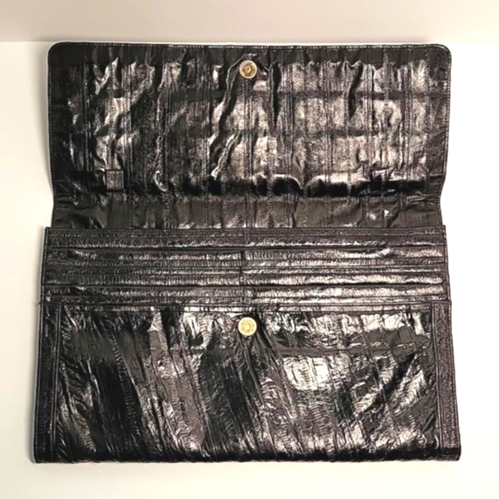 Vintage Eel Skin Leather Clutch Purse Black Fold Over Soft Pockets Handbag